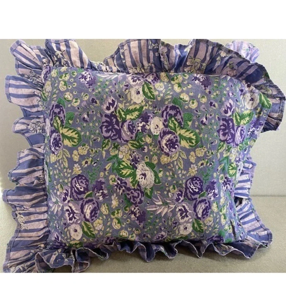 April Cornell Floral Ruffled Pillow Covers Purple‎ Green Cotton Set of 2 Vintage